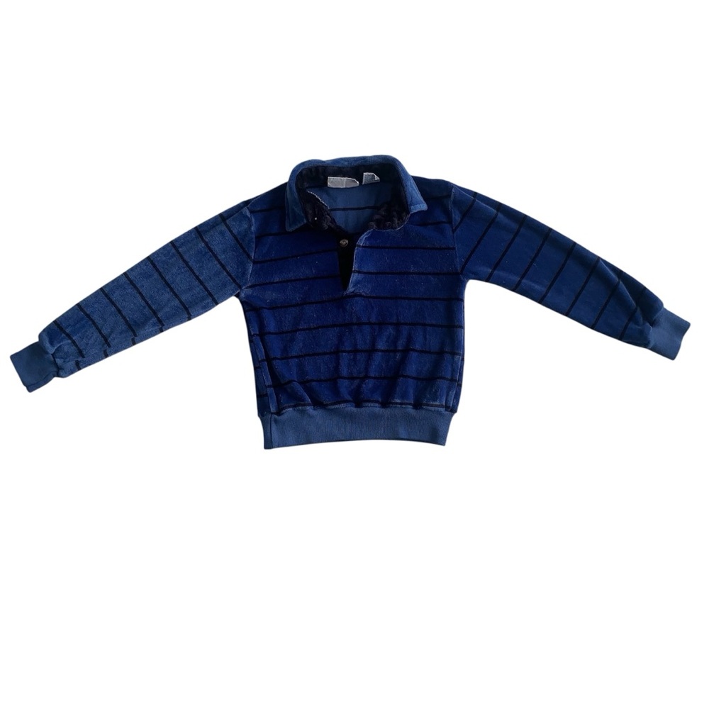 Bopper's Blue Stripe Velvet Long Sleeve Collared Quarter Button Pullover Sweater
